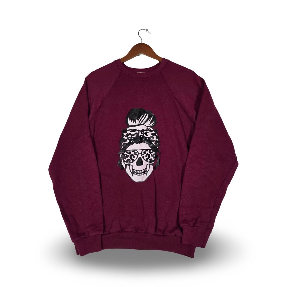 Vintage Tultex USA Burgundy Messy‎ Bun Leopard Skull Graphic Sweatshirt Sz Large